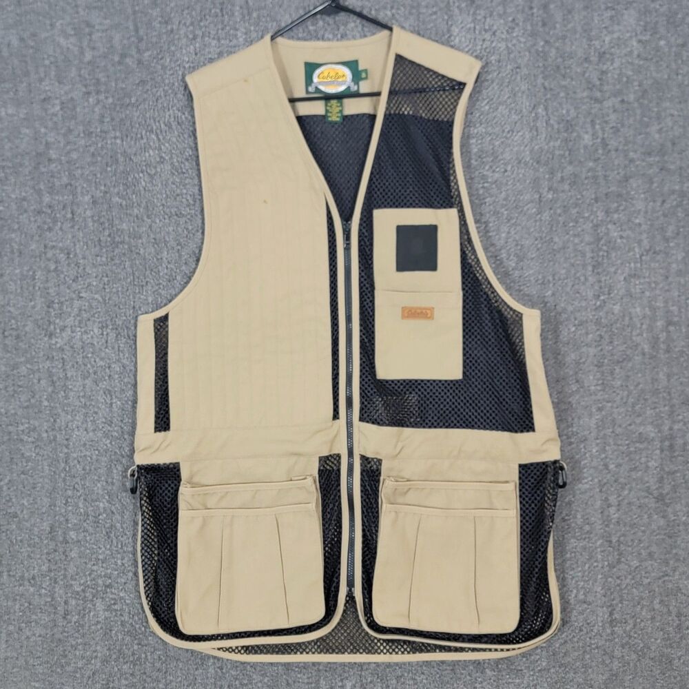 Cabelas Vest Mens XL Beige Canvas Black Mesh Fishing Hunting Trap Skeet Shooting